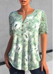 Sage Green Lace Floral Print Short Sleeve Blouse | thumb picture 