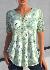 Sage Green Lace Floral Print Short Sleeve Blouse