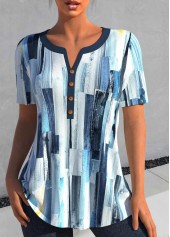 Peacock Blue Patchwork Geometric Print Short Sleeve Blouse