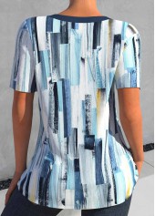 Peacock Blue Patchwork Geometric Print Short Sleeve Blouse