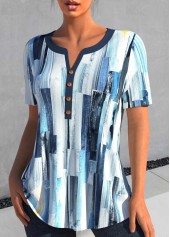 Peacock Blue Patchwork Geometric Print Short Sleeve Blouse