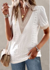 White Patchwork Short Sleeve V Neck T Shirt