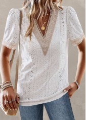 White Patchwork Short Sleeve V Neck T Shirt | thumb picture 