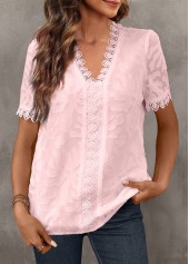 Pink Lace Short Sleeve V Neck Blouse