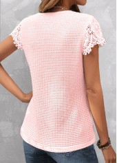 Pink Lace Short Sleeve V Neck T Shirt