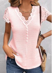 Pink Lace Short Sleeve V Neck T Shirt