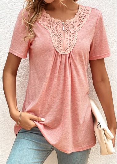 women clothes image of Pink Zipper Short Sleeve Round Neck T Shirt
