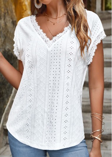 women clothes image of White Lace Short Sleeve V Neck T Shirt