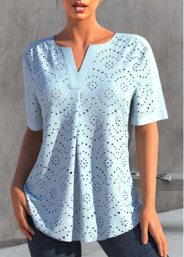 women clothes image of Light Blue Split Short Sleeve Blouse