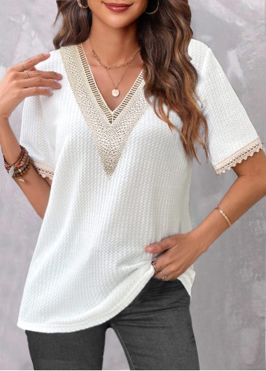 White Lace Short Sleeve V Neck T Shirt | modlily.com - USD 12.98