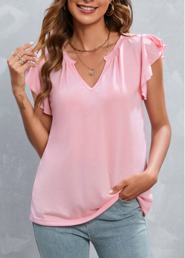 Modlily Light Pink Ruffle Short Sleeve T Shirt - 2XL