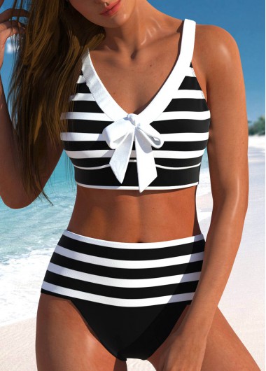Modlily Plus Size Bowknot Black Striped Bikini Set - 2X