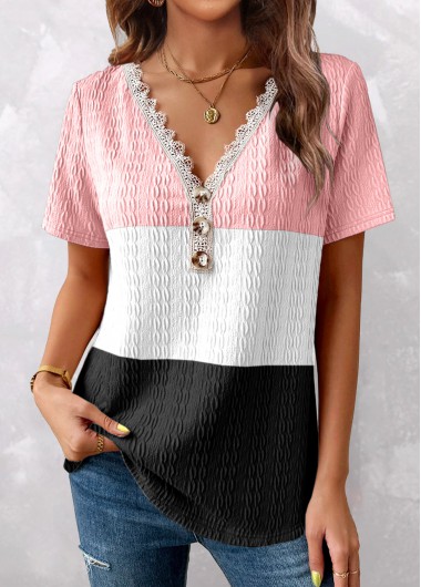 Modlily Plus Size Pink Patchwork Short Sleeve T Shirt - 1X