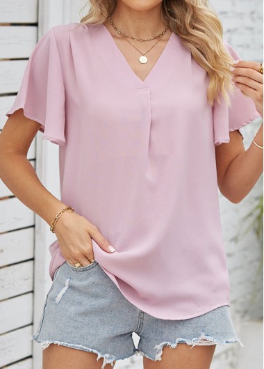 Modlily Pink Ruched Short Sleeve V Neck Blouse - XL