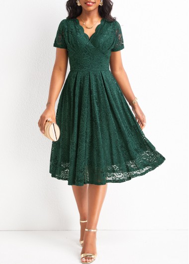 Modlily Blackish Green Lace Short Sleeve V Neck Dress - XL