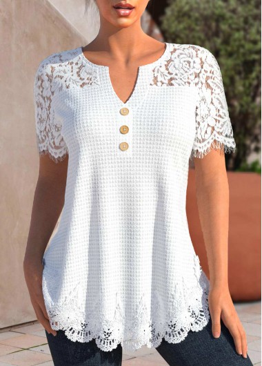 Modlily White Lace Short Sleeve Split Neck T Shirt - S