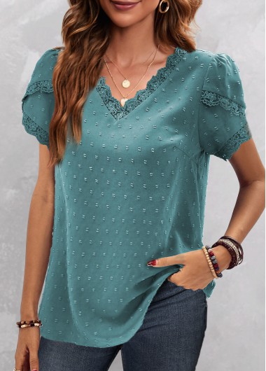 women clothes image of Turquoise Lace Short Sleeve V Neck Blouse