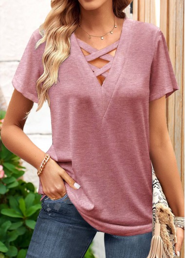 women clothes image of Dusty Pink Criss Cross Short Sleeve T Shirt