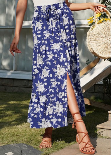 Modlily Dark Blue Split Floral Print A Line Skirt - XL