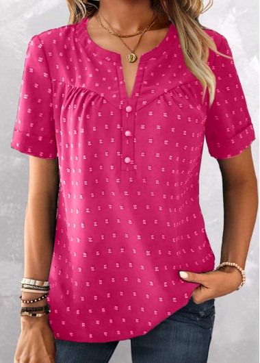 women clothes image of Hot Pink Jacquard Short Sleeve Split Neck Blouse