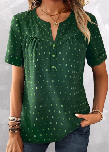 women clothes image of Green Jacquard Short Sleeve Split Neck Blouse
