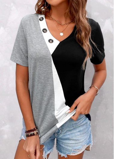 Modlily Plus Size Grey Button Short Sleeve T Shirt - 1X