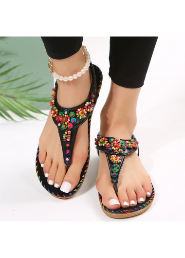 Modlily Black Ditsy Floral Toe Post Falt Sandals - 43