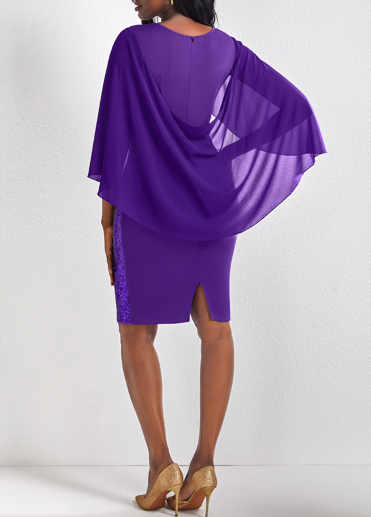 Purple Sequin Three Quarter Length Sleeve Bodycon Dress