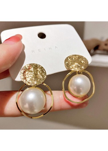 Gold Round Metal Detail Pearl Earrings