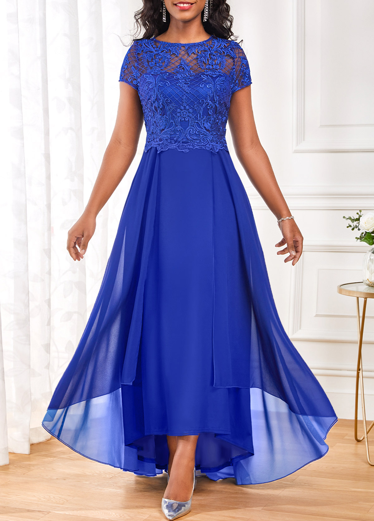 Royal Blue Lace Maxi Short Sleeve Dress