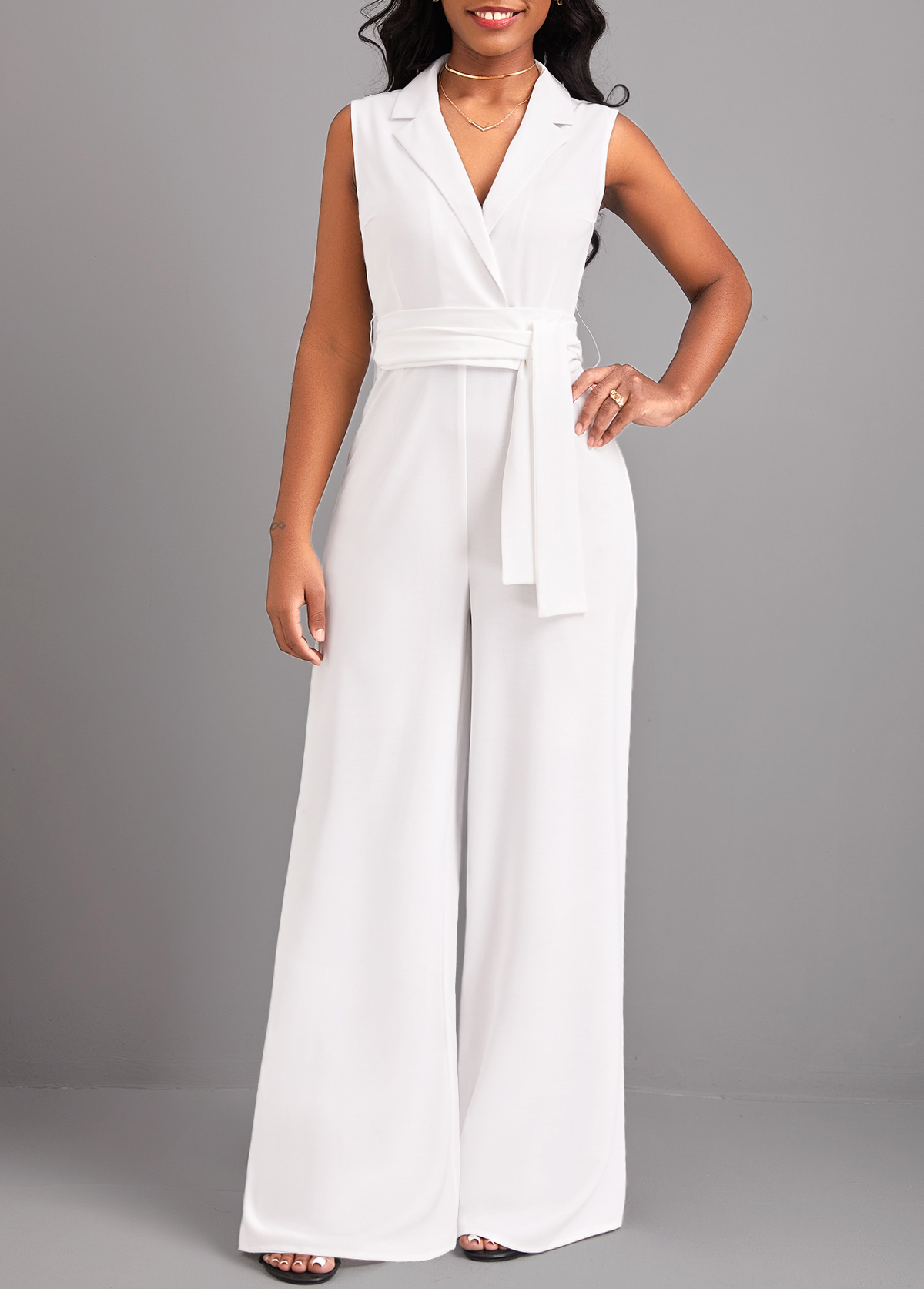 Raw White Tie Long Belted Sleeveless Jumpsuit