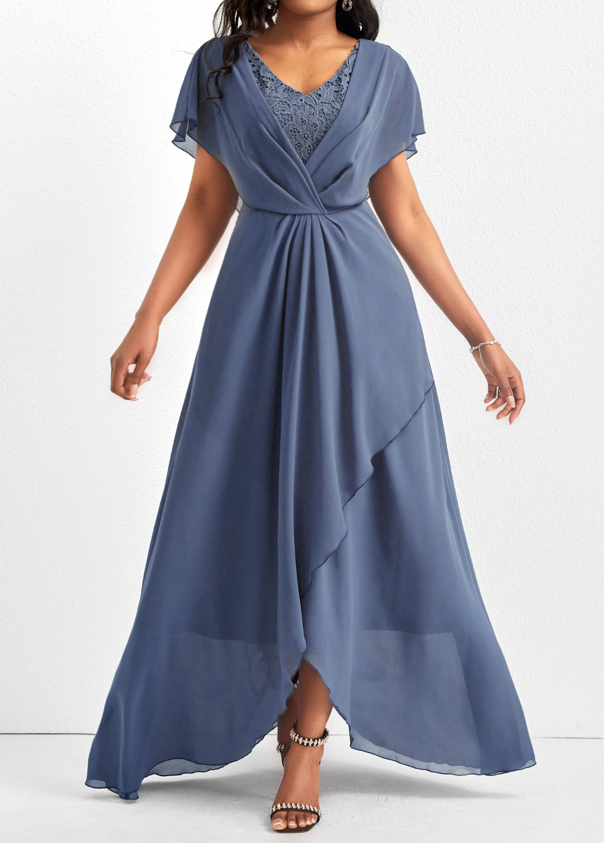 Dusty Blue Lace Short Sleeve Maxi Dress