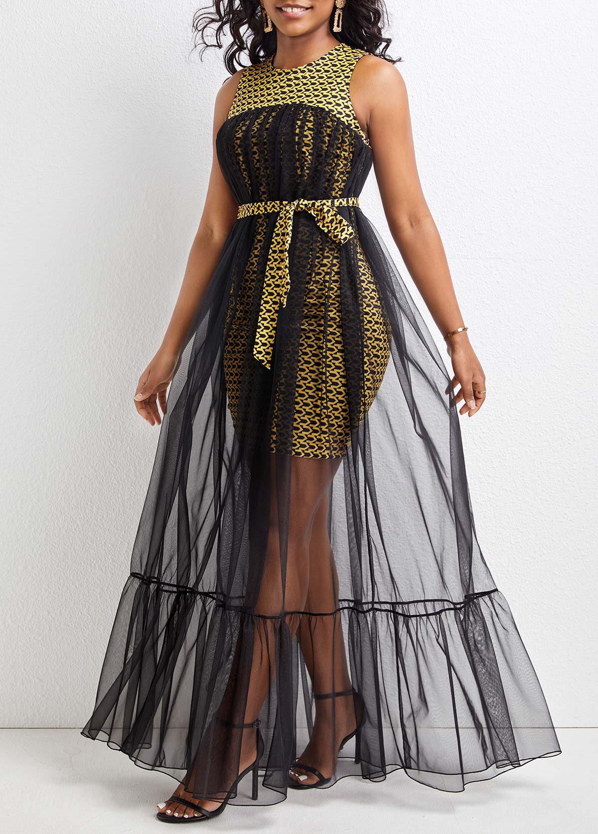 Black Mesh Chevron Print Belted Sleeveless Dress
