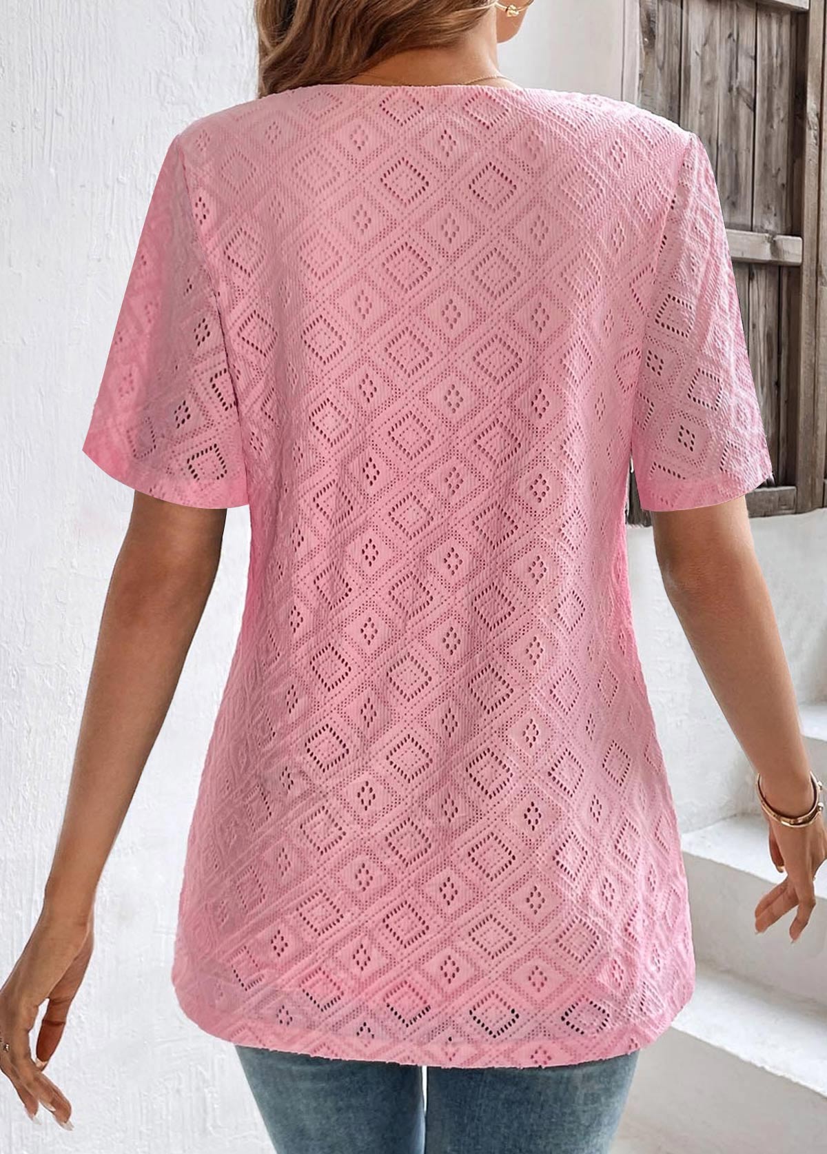 Pink Lace Half Sleeve V Neck T Shirt
