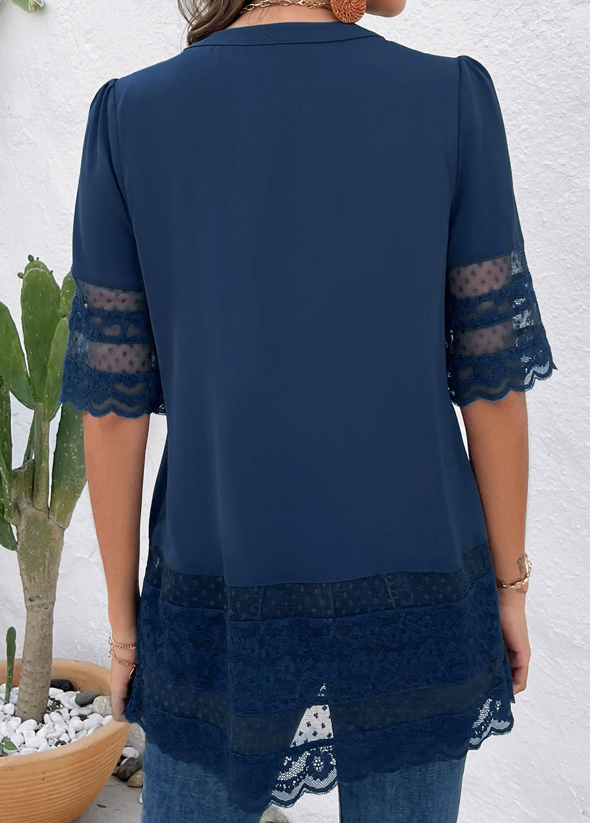 Blue Lace 3/4 Sleeve Round Neck Blouse | picture 