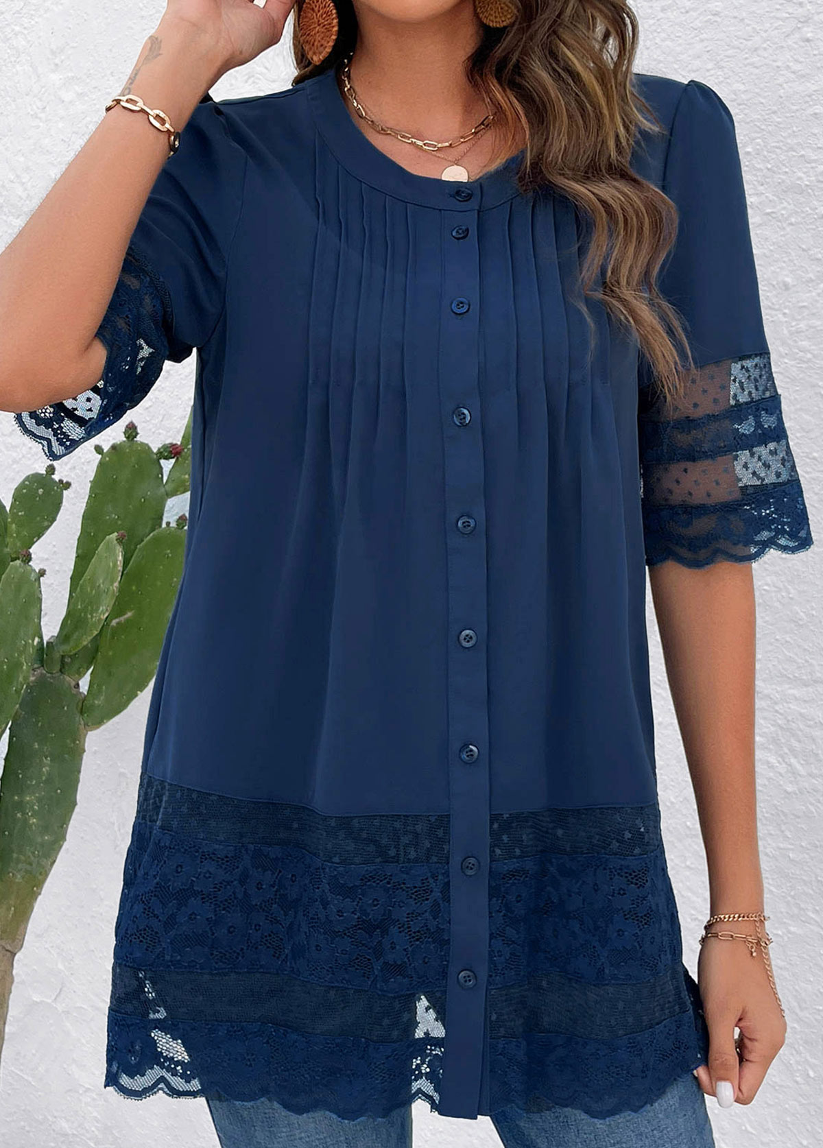 Blue Lace 3/4 Sleeve Round Neck Blouse | picture 