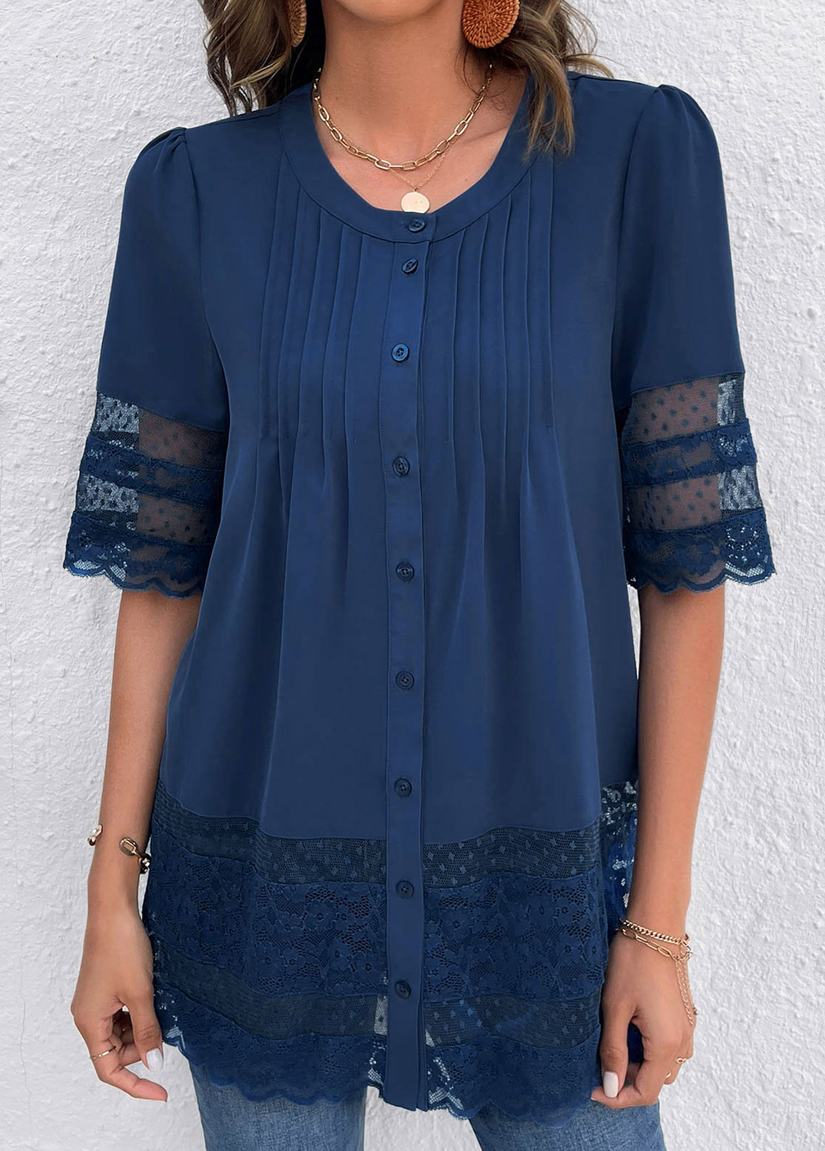 Blue Lace 3/4 Sleeve Round Neck Blouse | picture 