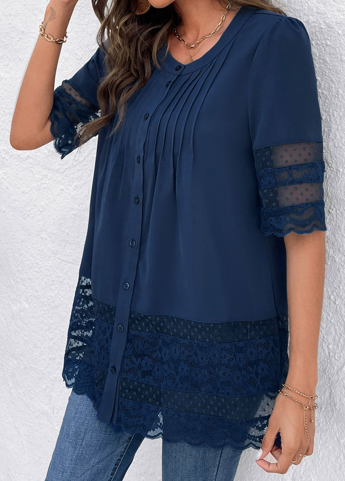 Blue Lace 3/4 Sleeve Round Neck Blouse | picture 
