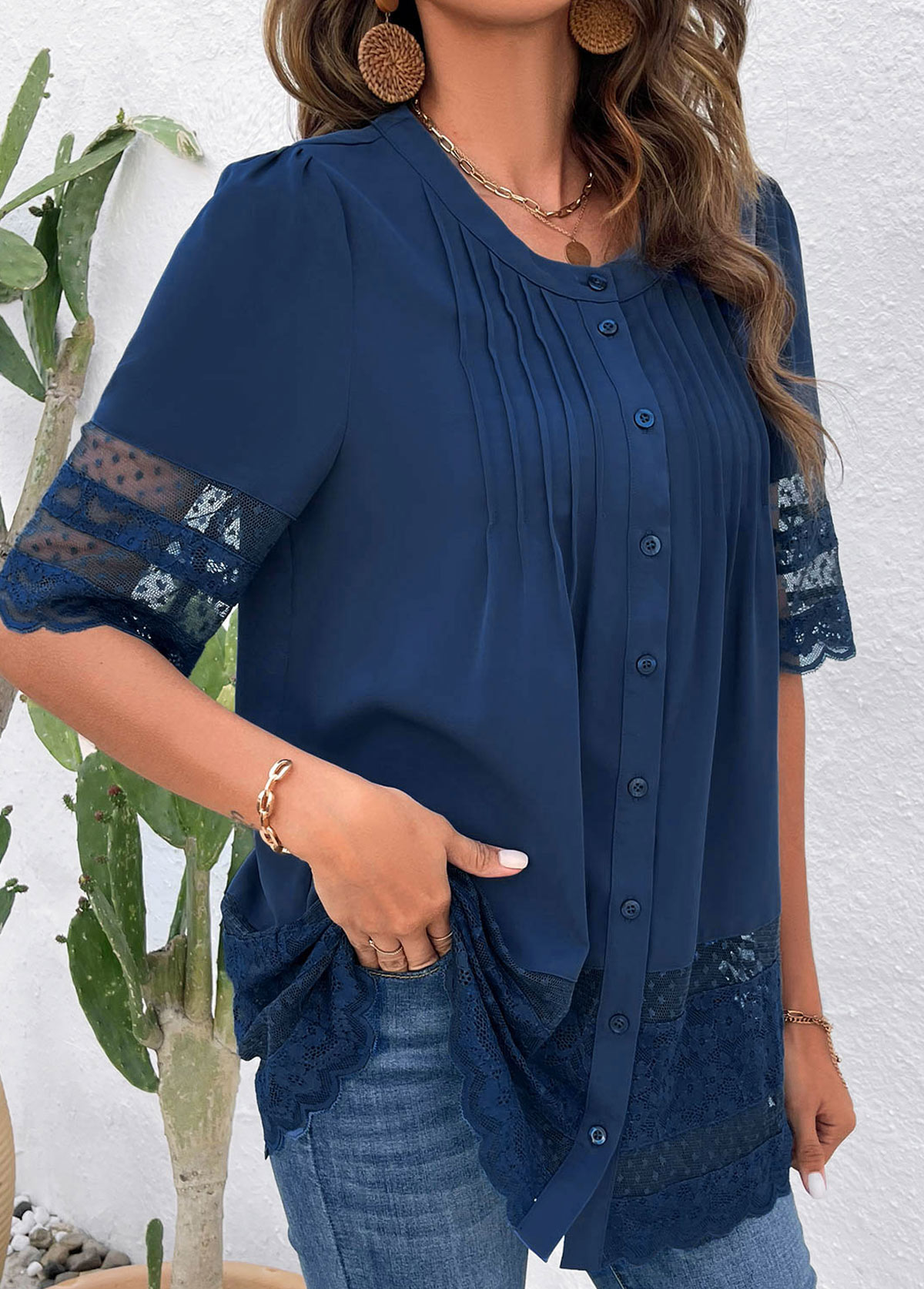 Blue Lace 3/4 Sleeve Round Neck Blouse | picture 