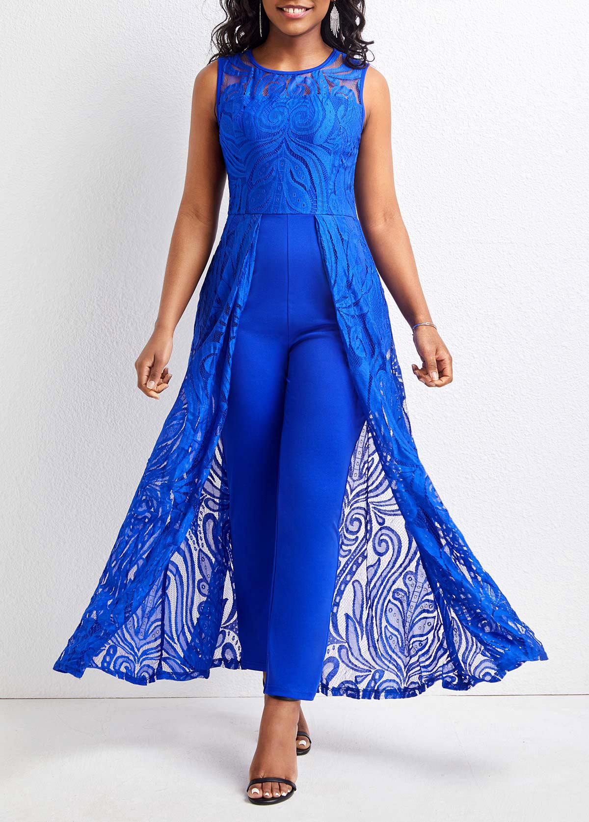 Royal Blue Lace Ankle Length Sleeveless Jumpsuit