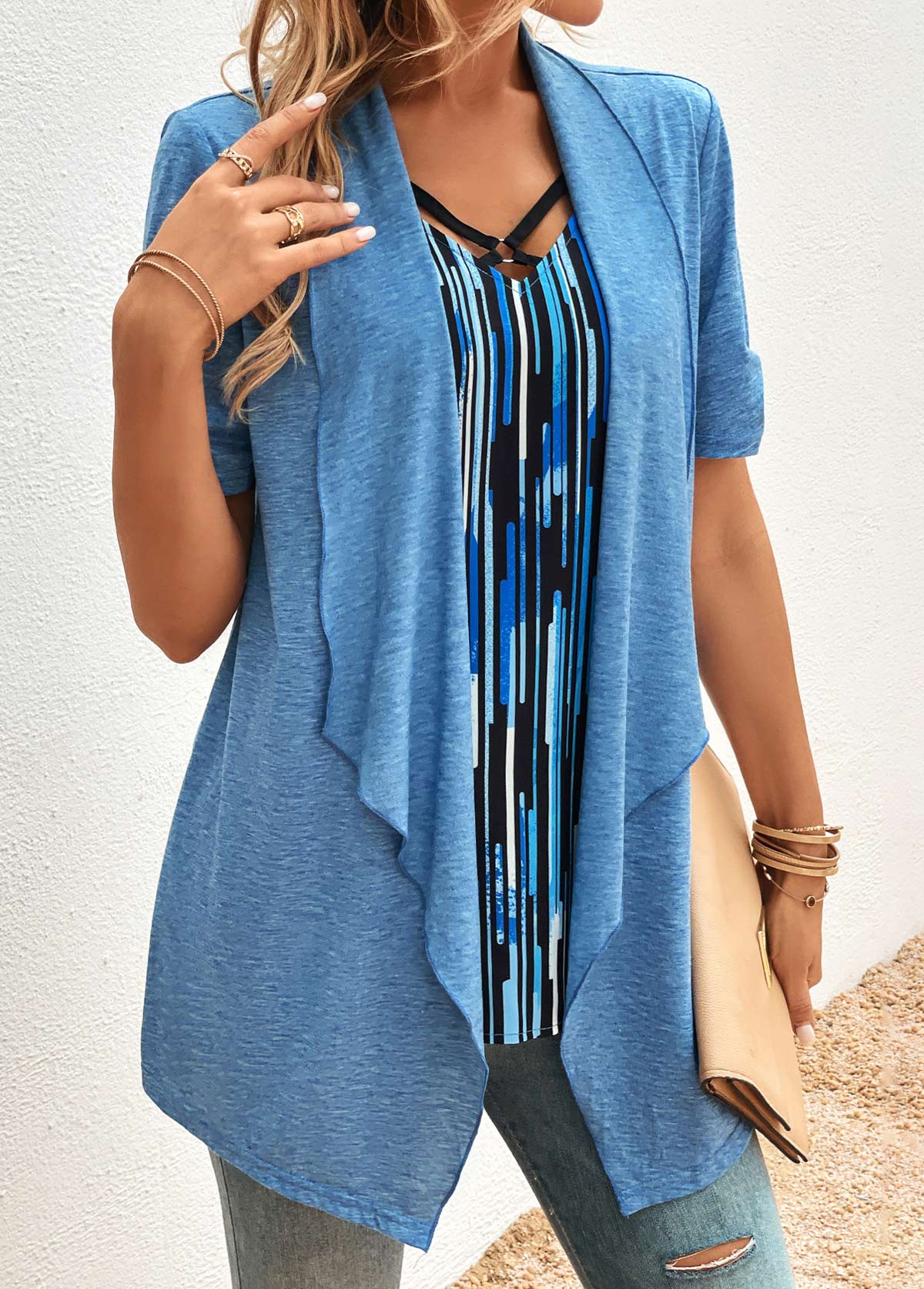 Blue Geometric Print Half Sleeve Fake Two Piece Twinset | picture 