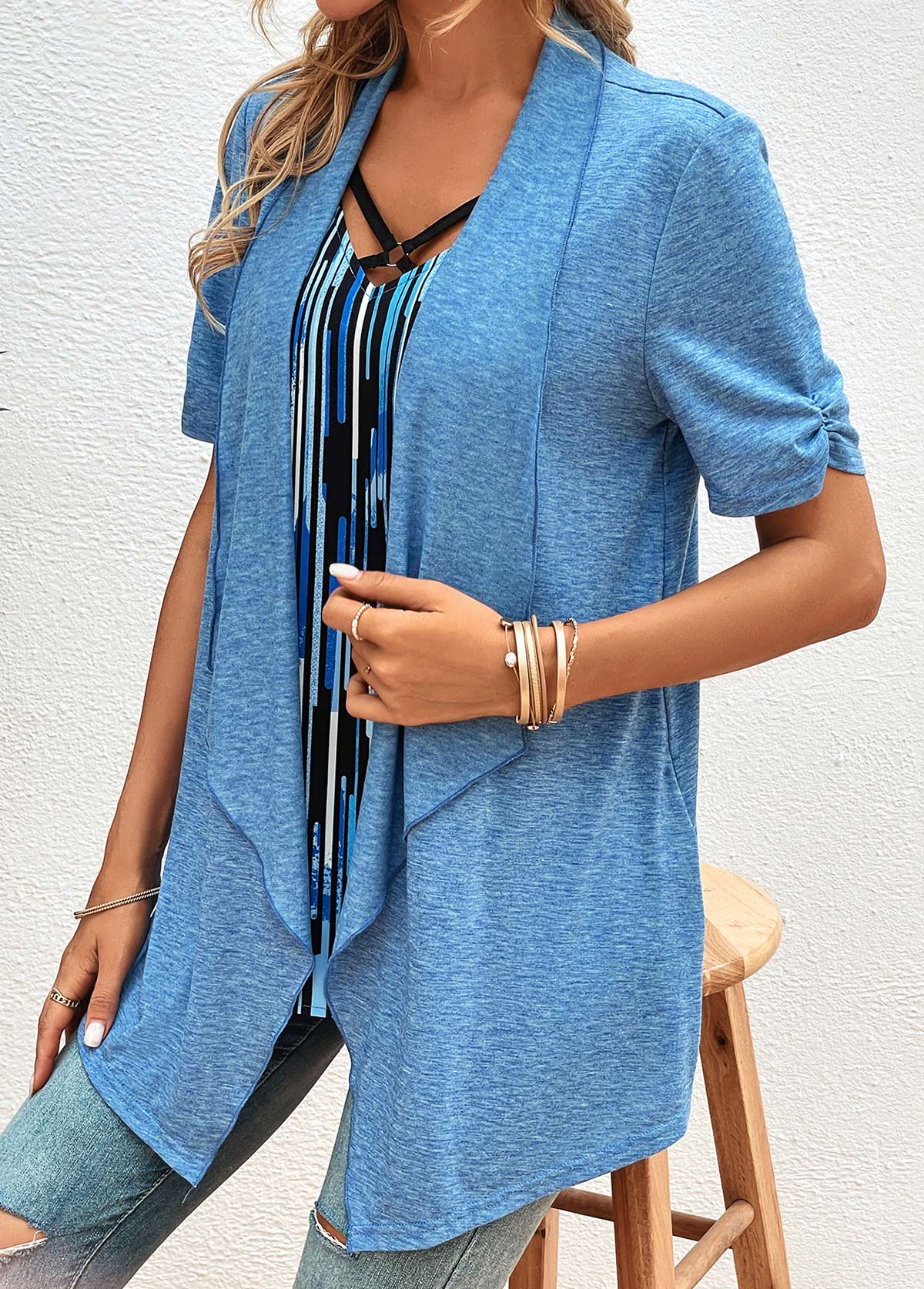 Blue Geometric Print Half Sleeve Fake Two Piece Twinset | picture 