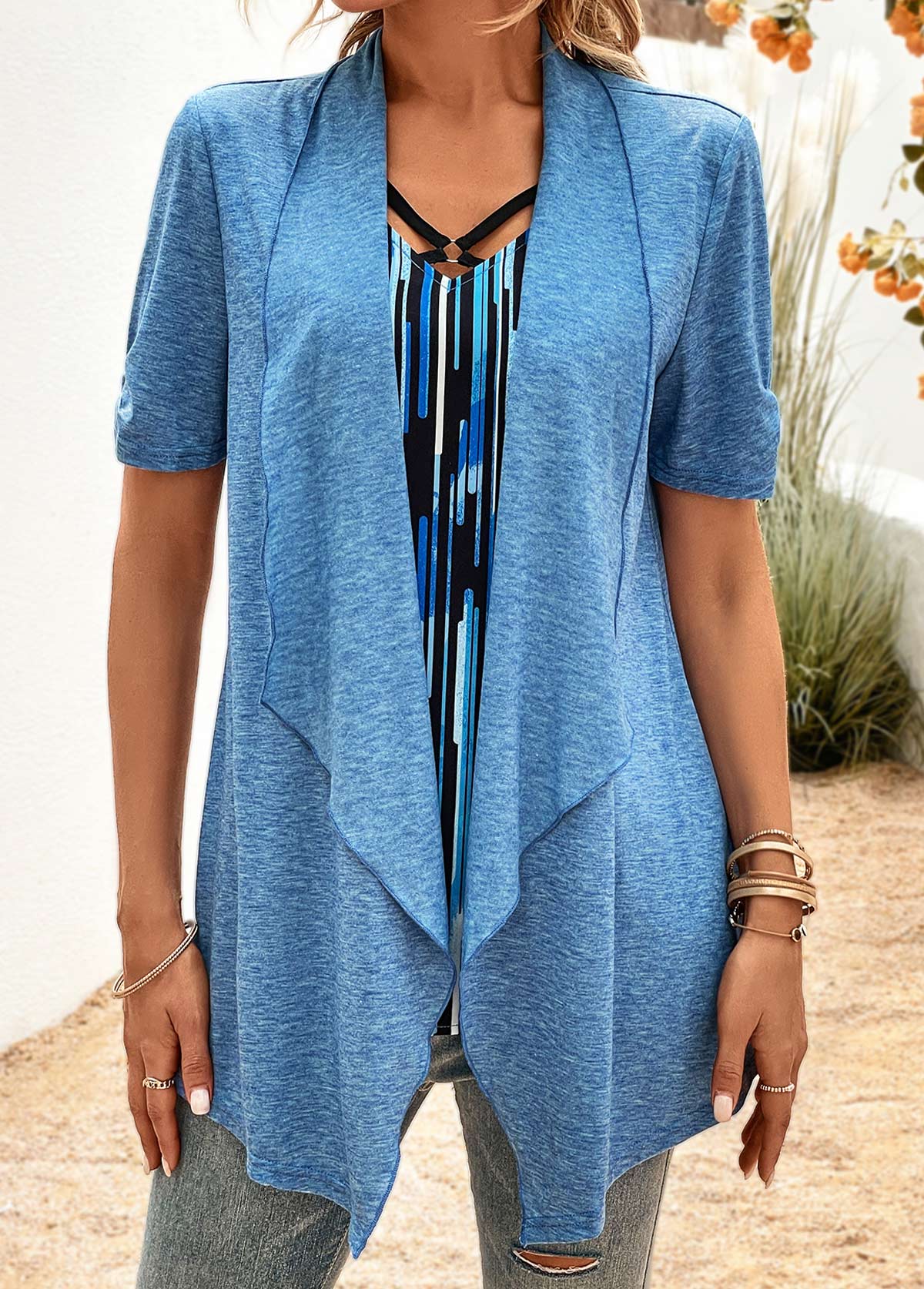 Blue Geometric Print Half Sleeve Fake Two Piece Twinset | picture 