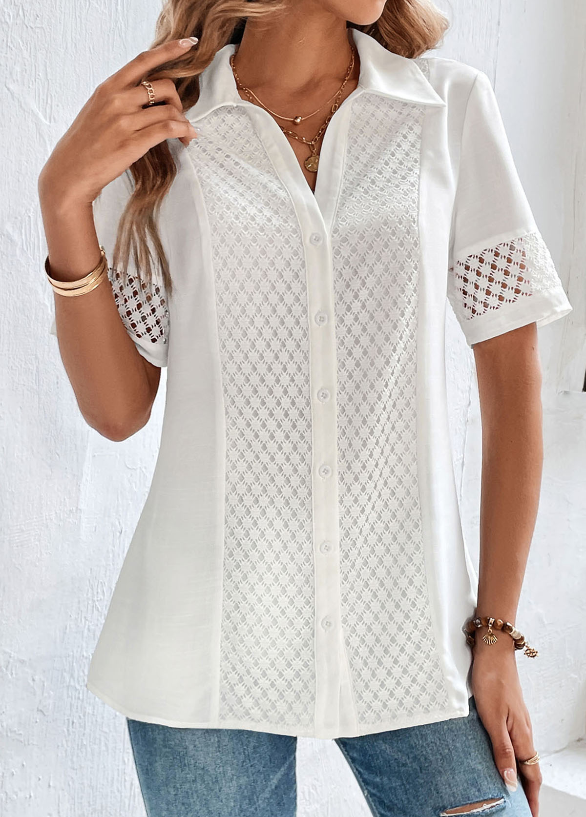 White Lace Button Up Shirt Collar Blouse