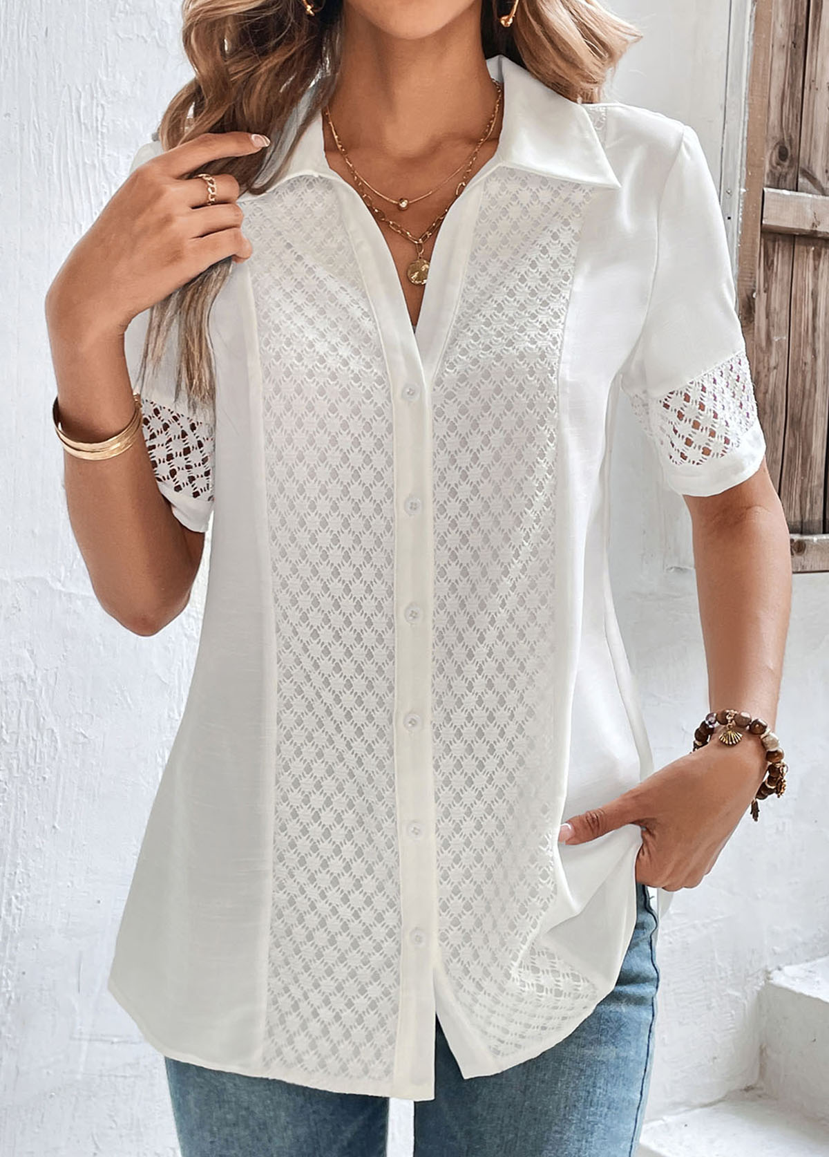 White Lace Button Up Shirt Collar Blouse USD 12.98