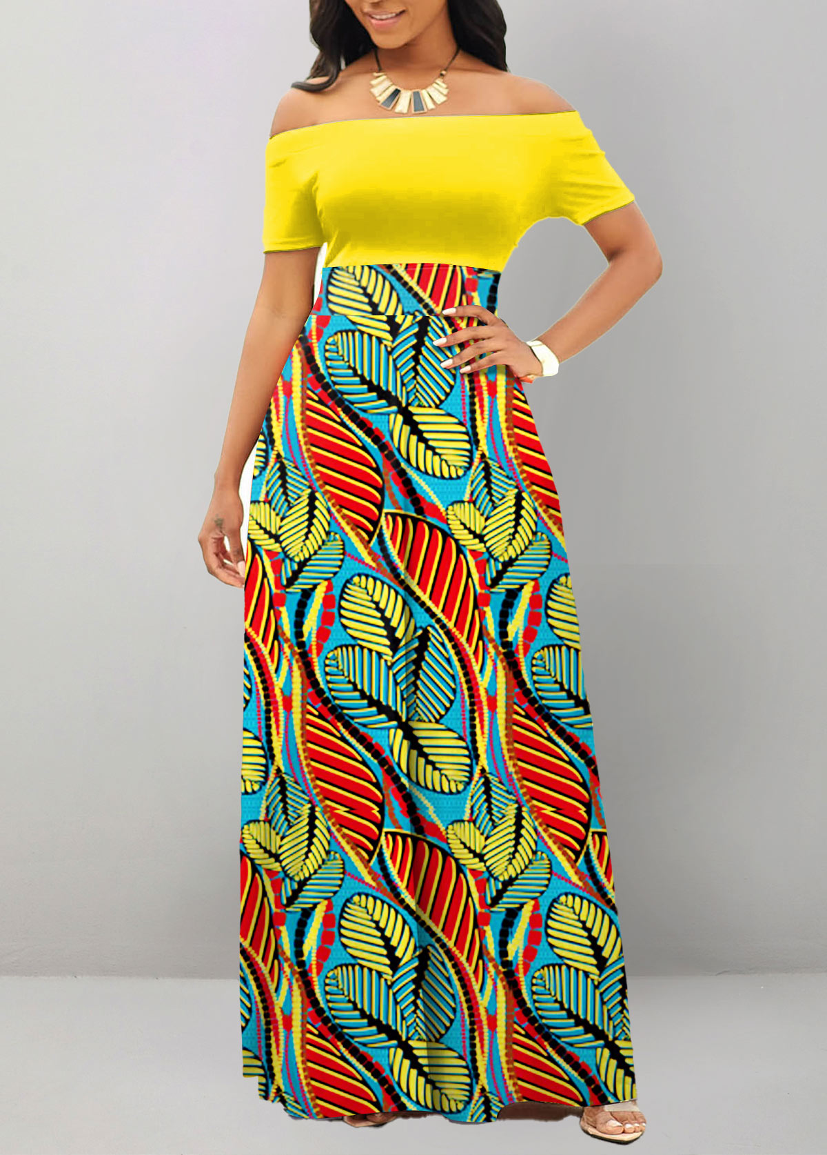 Multi Color Leaf Print Short Sleeve Maxi Dress