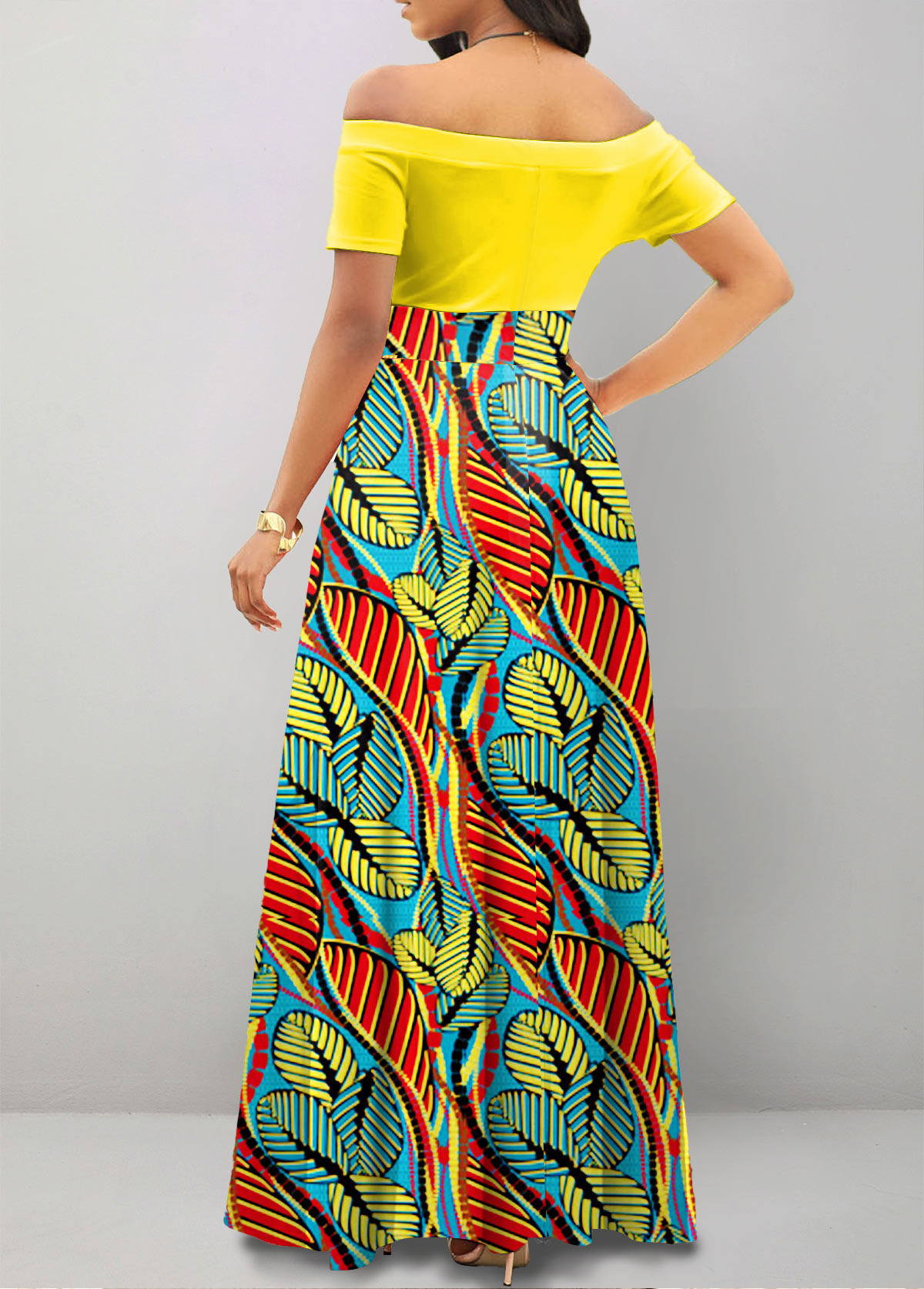 Multi Color Leaf Print Short Sleeve Maxi Dress