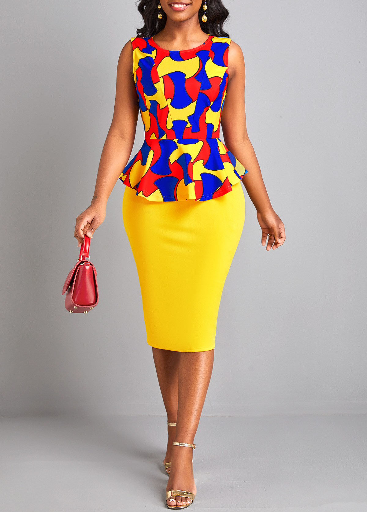 Yellow Split Geometric Print Bodycon Dress