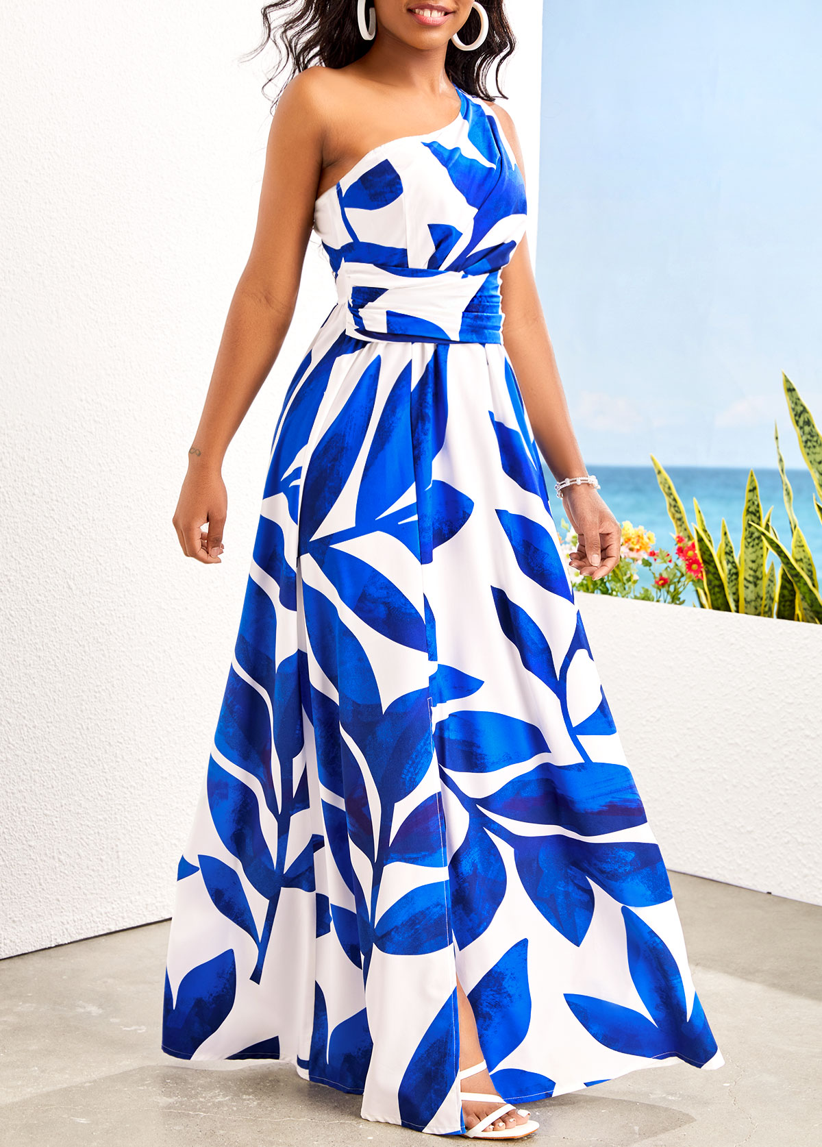 Blue Asymmetry Leaf Print Sleeveless Maxi Dress