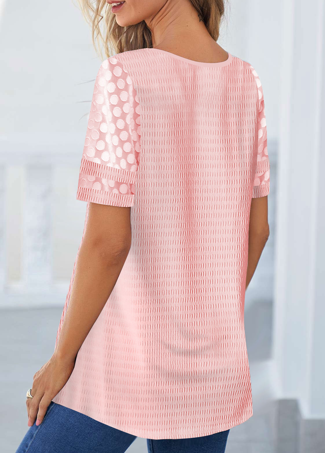 Pink Patchwork Short Sleeve Round Neck T Shirt
